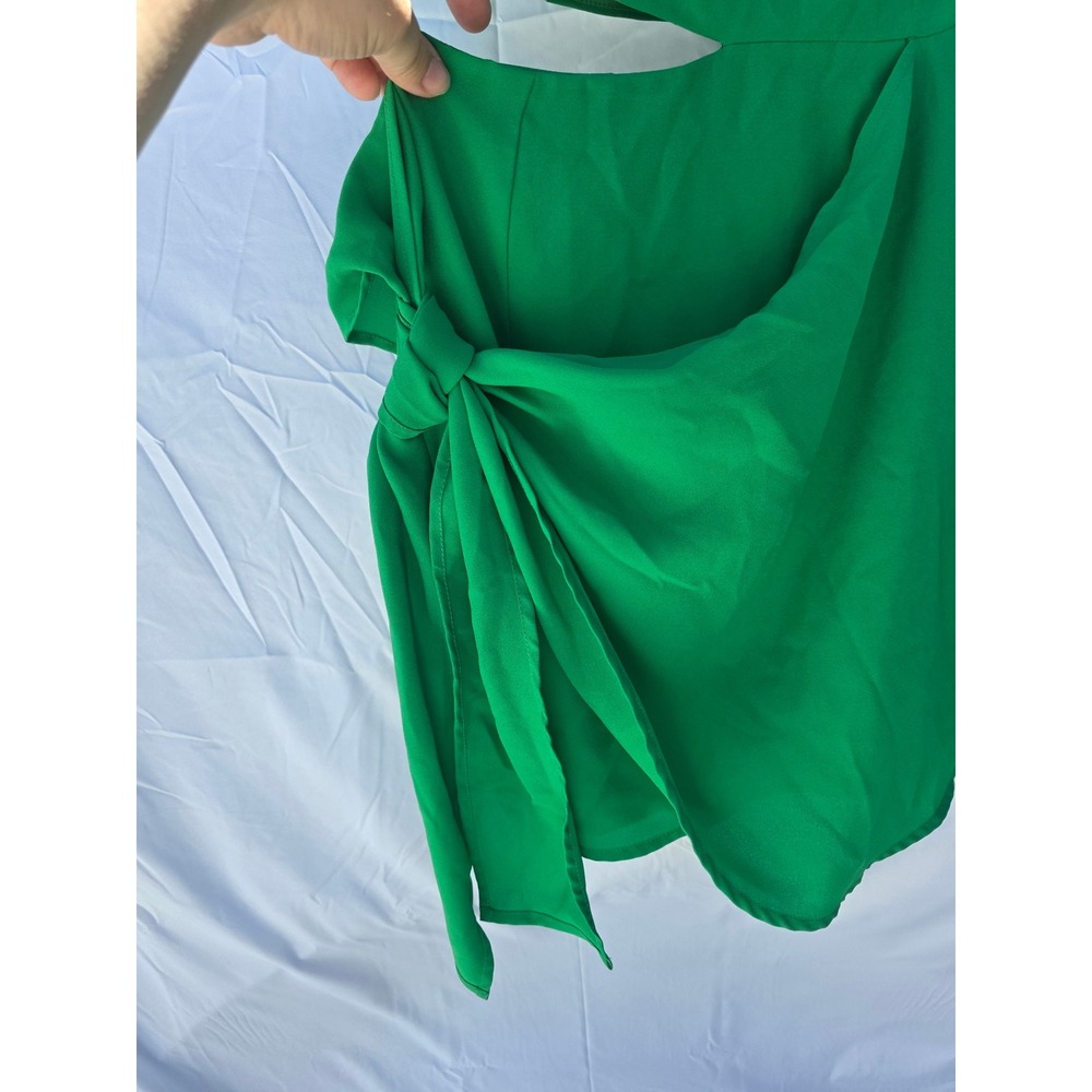 Green One Shoulder Cutout Mini Dress with Side Tie Wrap Skirt - Picture 3 of 10